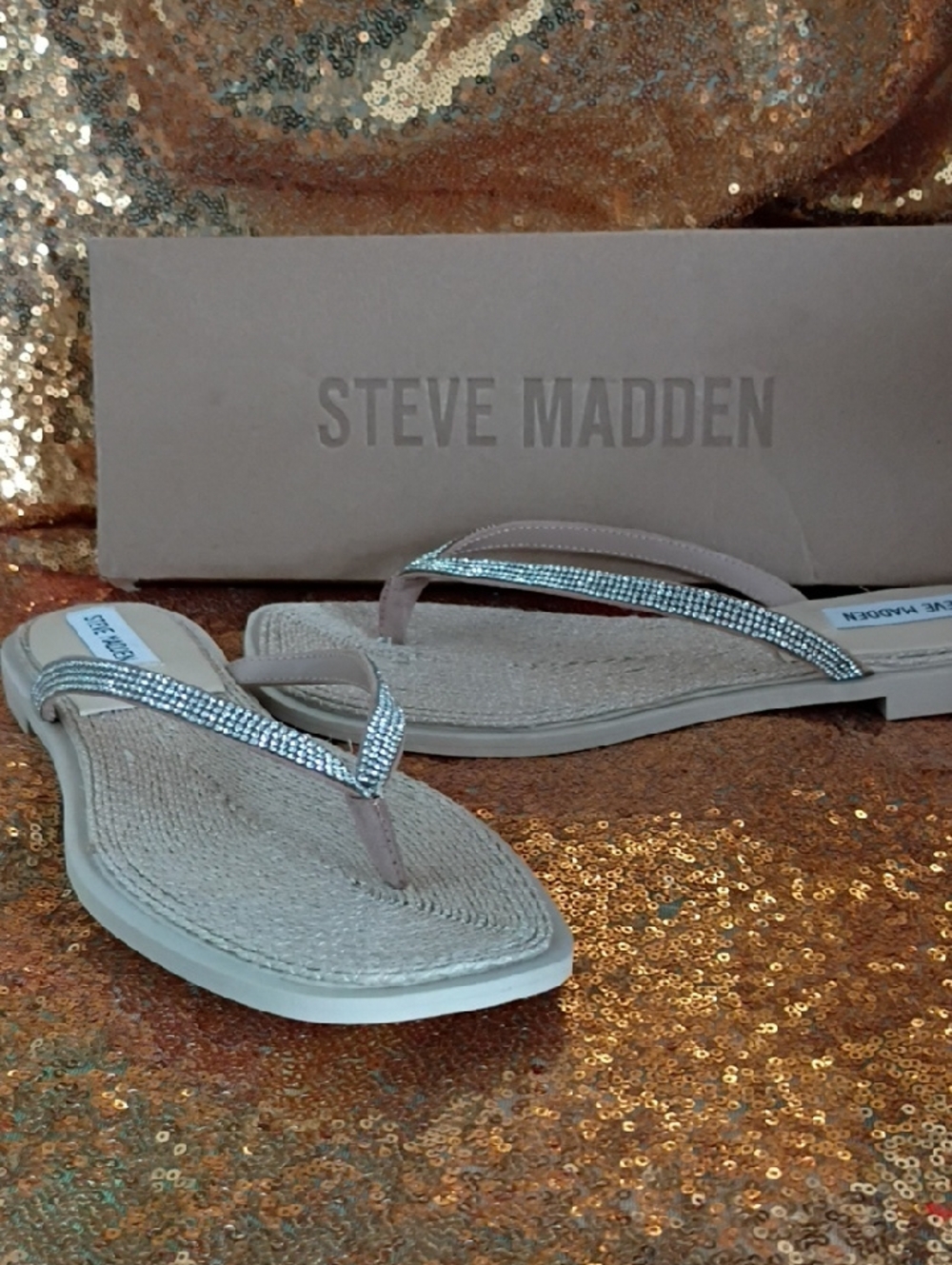 Steve Madden Nude Flip Flops with Silver Rhinestone Straps
